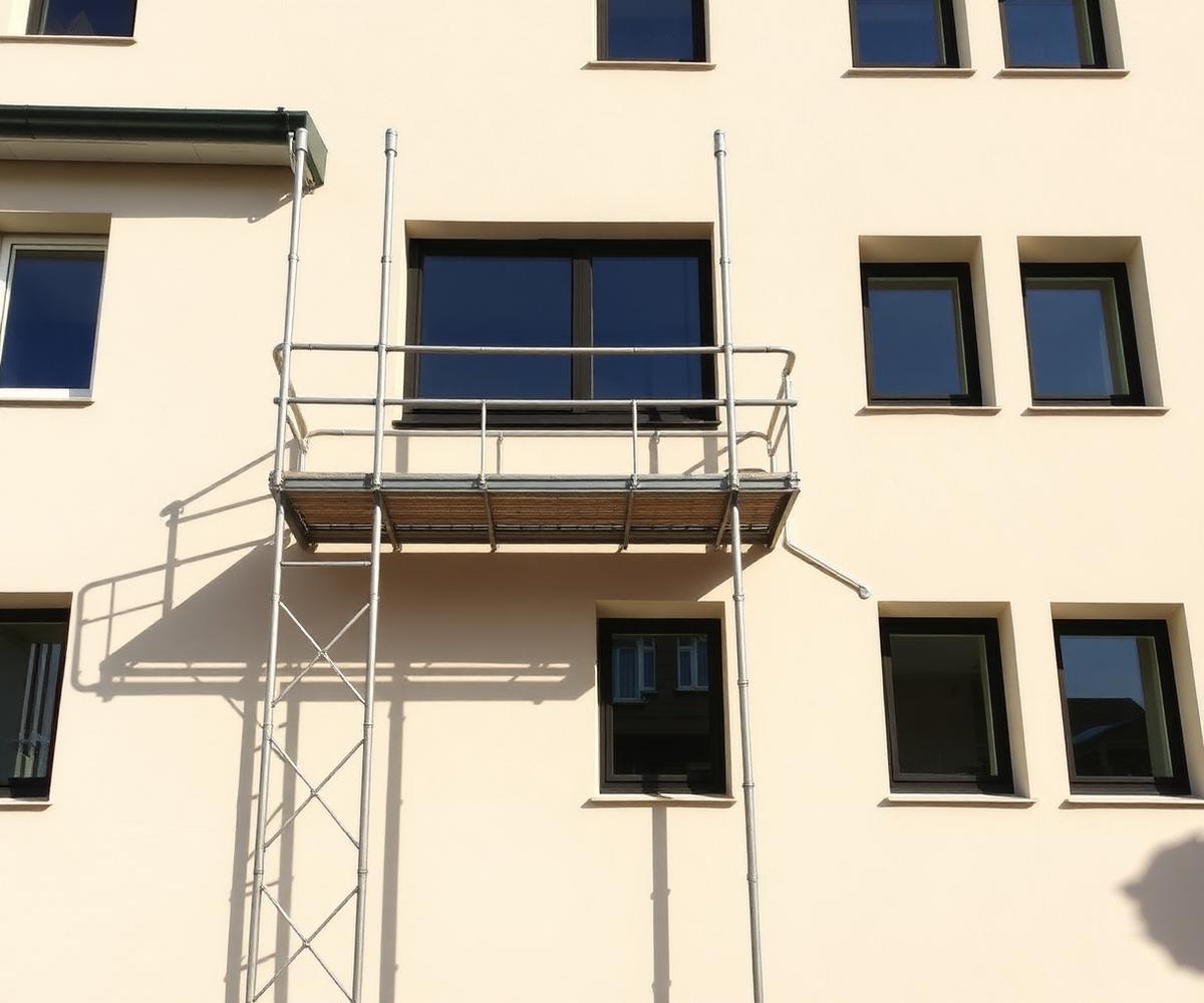 Facciata esterna di uno stabile appena ritinteggiata con ponteggio